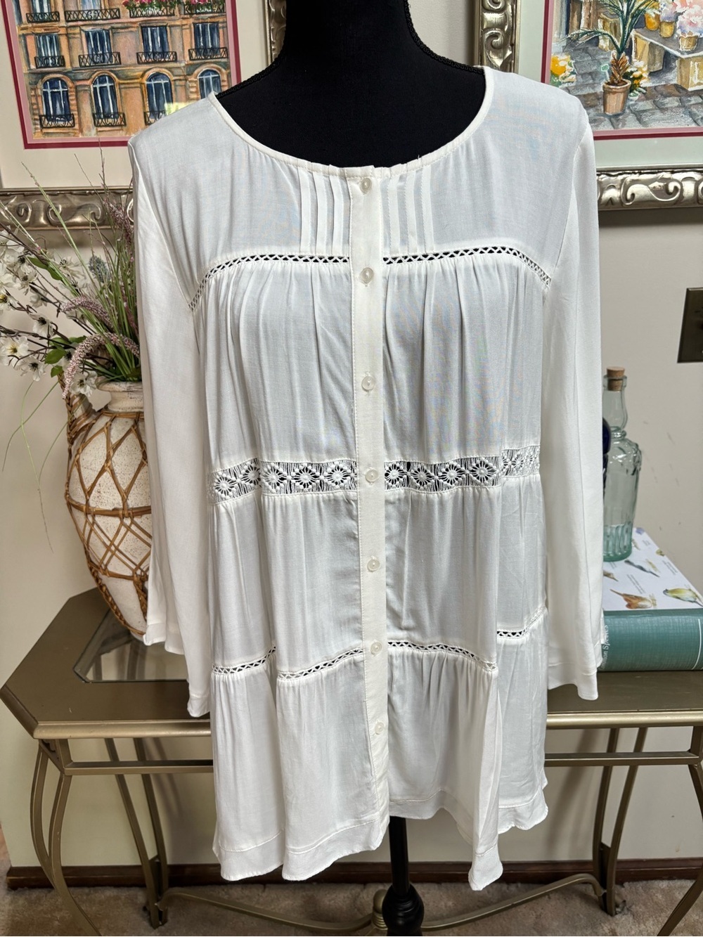 MELISSA PAIGE White Lace Eyelet Trim Boho Pintuck Cottagecore Blouse Size L